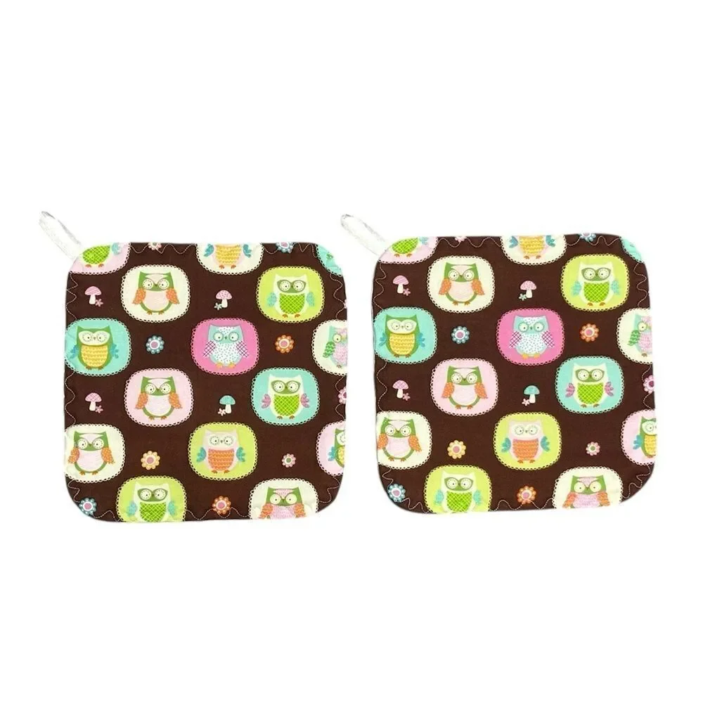 POTHOLDERS, Set of 2, Owls, pink, mint green, brown, 8”